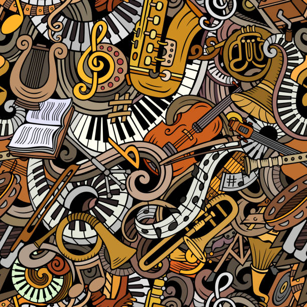 illustrations, cliparts, dessins animés et icônes de dessin animé mignon doodles modèle sans couture de musique classique - blues harp