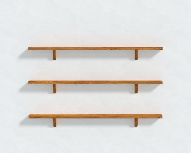 3D illustration - The white wall and three wooden shelves