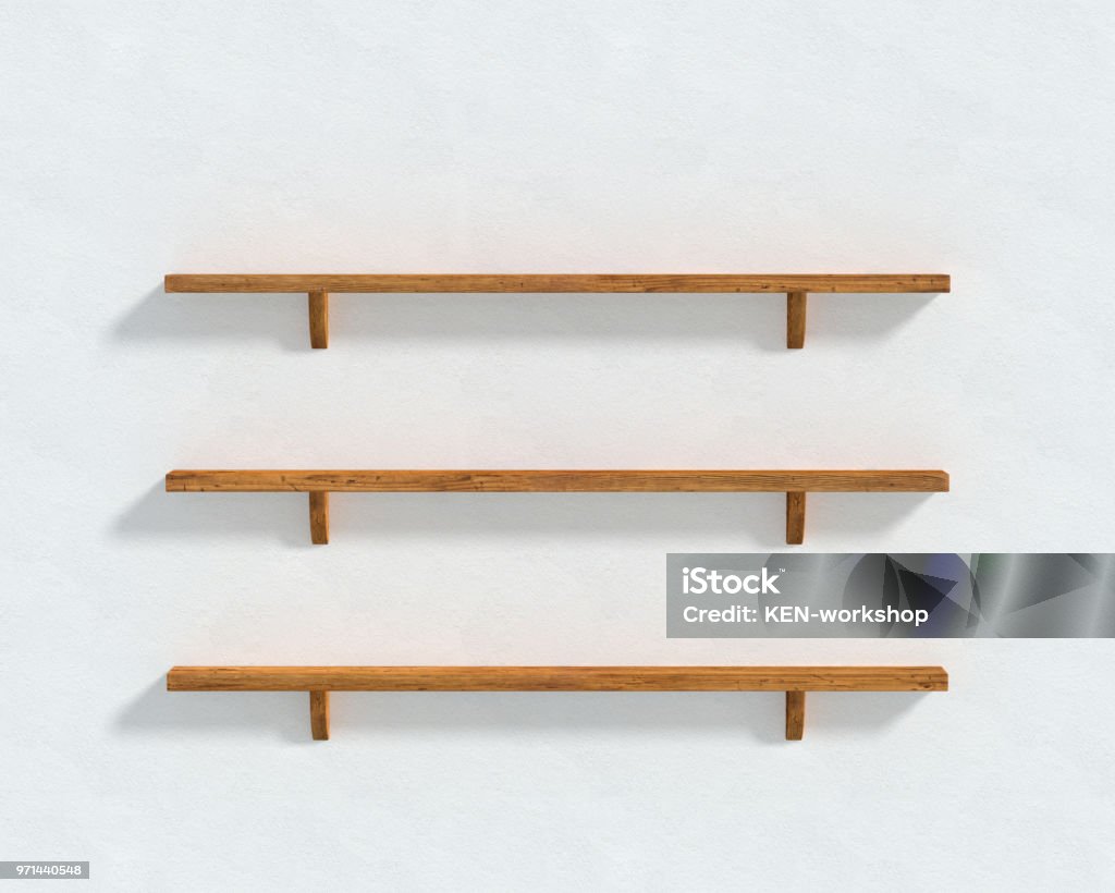 3D illustration - The white wall and three wooden shelves White wall with the wooden shelf Shelf Stock Photo