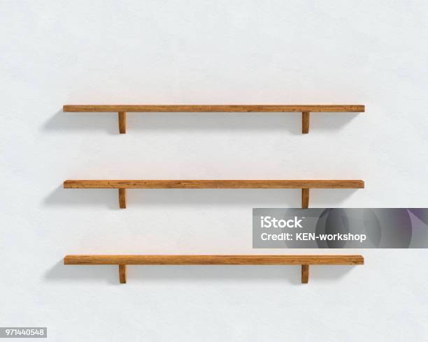 3d Illustration The White Wall And Three Wooden Shelves Stock Photo - Download Image Now