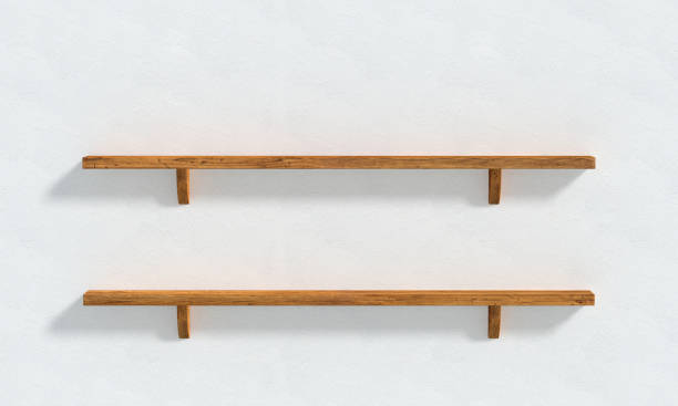 istock 3D illustration - The white wall and two wooden shelves 971440556