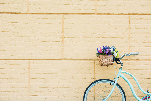 white bicycle with beautiful flowers in basket near wall