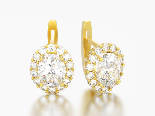 istock 3D illustration gold diamond earrings with oval gemstone with hinged lock 971447522
