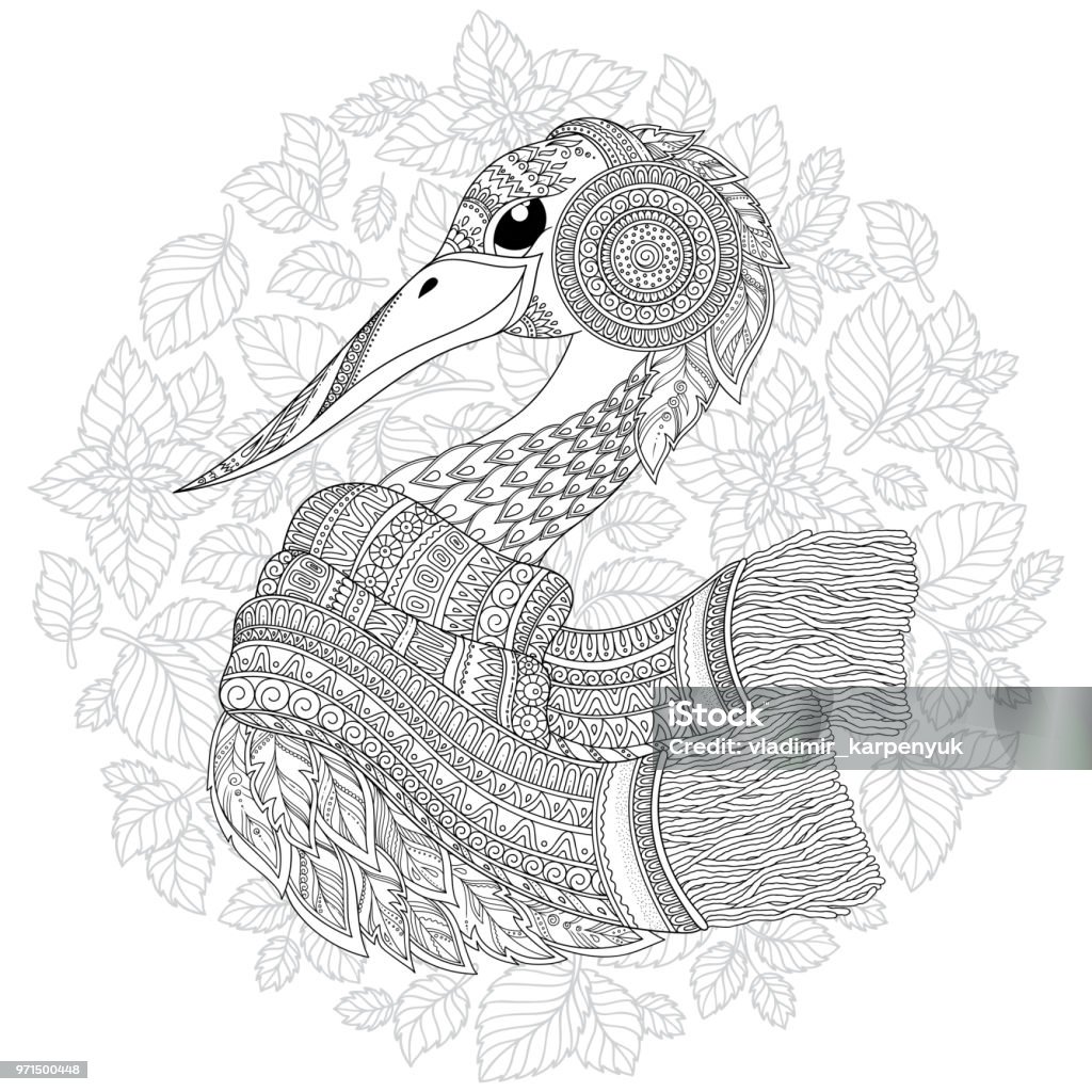 Stork, fantastic flowers, branches, leaves. Stork , fantastic flowers, branches, leaves. For anti stress Coloring Page for adults and children. Black White Bird collection. Set of illustration. Abstract stock vector