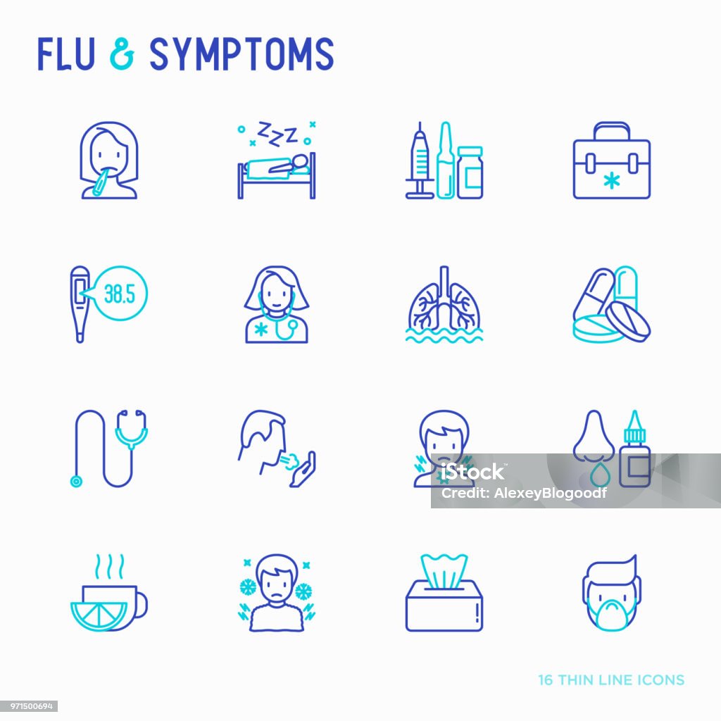 Influenza e sintomi icone di linea sottile impostato: temperatura, brividi, calore, naso che cola, riposo a letto, pillole, medico con stetoscopio, gocce nasali, tosse, catarro nei polmoni. Illustrazione vettoriale moderna. - arte vettoriale royalty-free di Icona