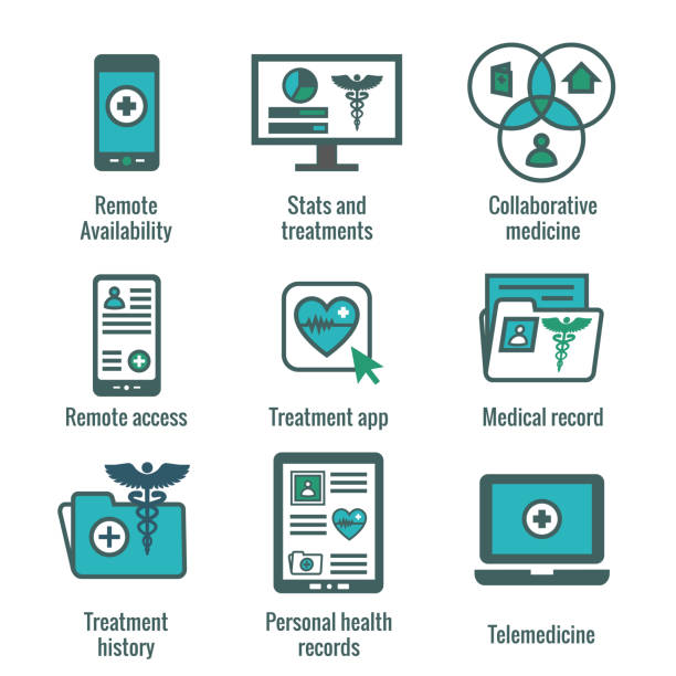 ilustrações de stock, clip art, desenhos animados e ícones de telemedicine and health records icon set with caduceus, file folders, computers, etc - medical record