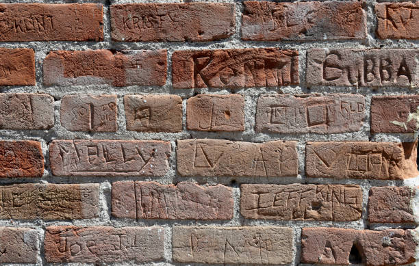 istock Red brick wall with multiple names chiseled in the brick 971521592