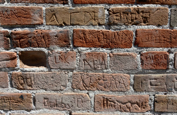 istock Red brick wall with multiple names chiseled in the brick 971522840