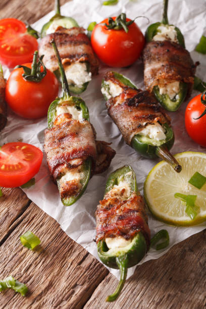jalapeno peppers wrapped in bacon and stuffed with cream cheese close-up. vertical jalapeno peppers wrapped in bacon and stuffed with cream cheese close-up on the table. vertical bacon wrapped stock pictures, royalty-free photos & images