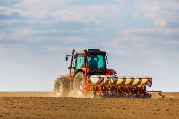 istock Farmer seeding, sowing crops at field. 971529944