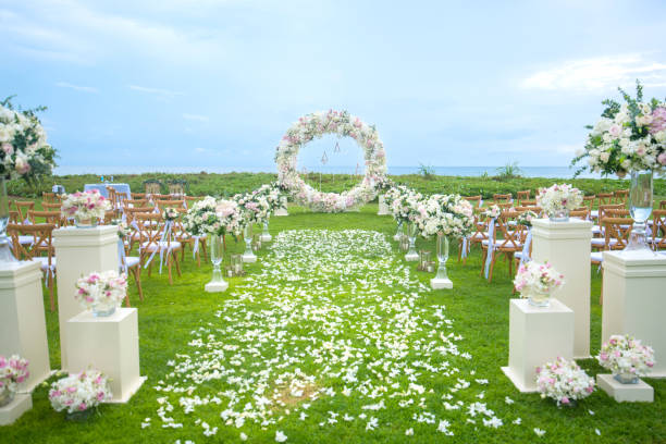 istock Romantic wedding ceremony on the lawn Sea view. 971530158
