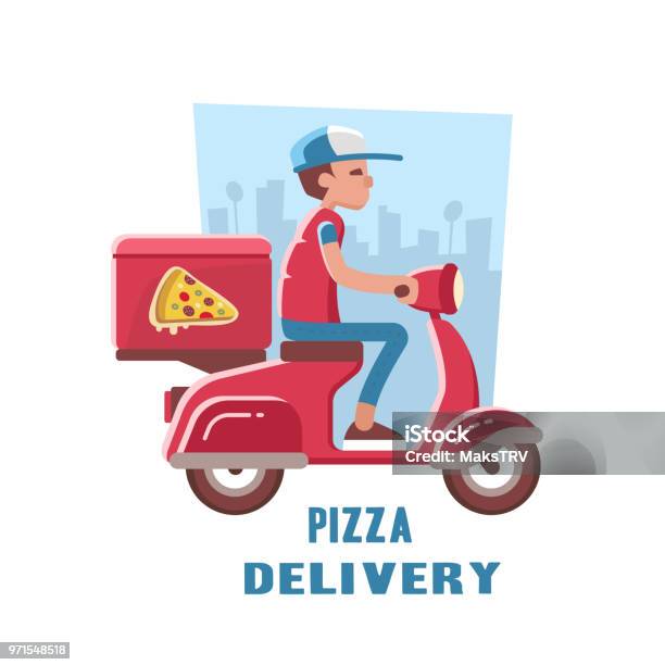 Livraison Rapide Et Gratuite De Pizza Sur Le Scooter Illustration Vectorielle Vecteurs libres de droits et plus d'images vectorielles de Livraison