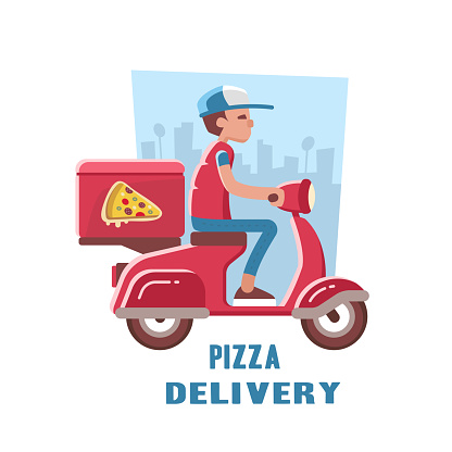 Fast and free delivery of pizza on the scooter.