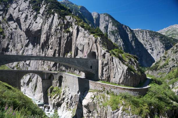 St Gotthard pass Bridges and rock tunnels  alpine gotthard pass stock pictures, royalty-free photos & images