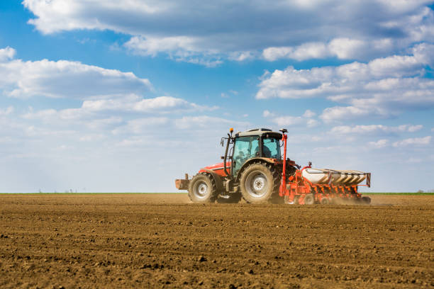 istock Farmer seeding, sowing crops at field. 971549026