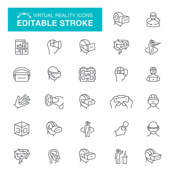 Vector illustration of Virtual Reality Set Editable Stroke Icons