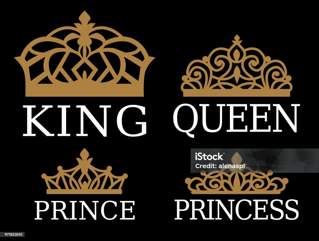 King,Queen, Prince and Princess - set of couple family design. White text and gold crown isolated on black background. For printable souvenir: t-shirt, pillow, mug, cup. Royal silhouette vector tiara Tiara stock vector