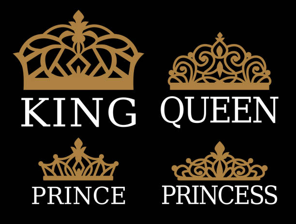 King,Queen, Prince and Princess - set of couple family design. White text and gold crown isolated on black background. For printable souvenir: t-shirt, pillow, mug, cup. Royal silhouette vector tiara tiara stock illustrations