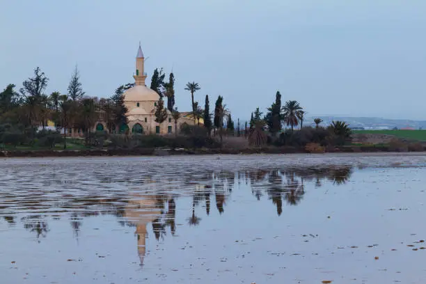 Hala Sultan Tekke and reflection on Larnaca salt lake in Cyprus- closer view