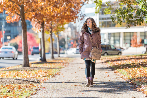 Young happy woman on sidewalk street walking in Washington DC, USA United States in alley of golden orange yellow foliage autumn fall trees on road during sunny day