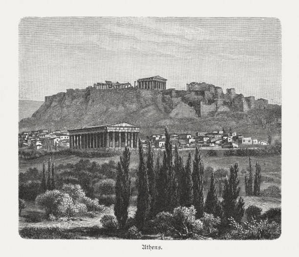 ilustraciones, imágenes clip art, dibujos animados e iconos de stock de templo de hefesto y la acrópolis en atenas, grecia, 1897 - temple classical greek greek culture architecture