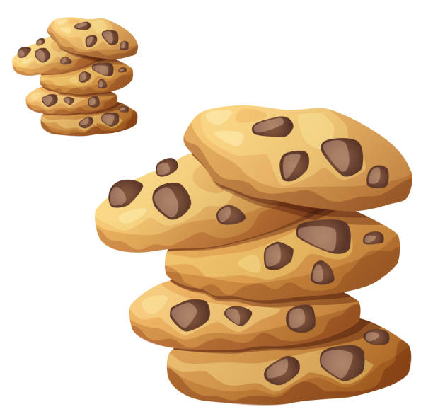 choc chip cookies vektor icon isoliert auf weiss - bread baked illustration and painting vector stock-grafiken, -clipart, -cartoons und -symbole