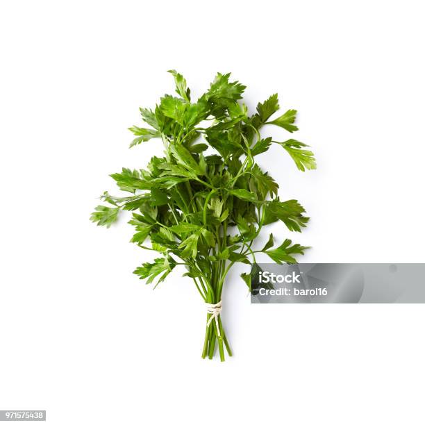 Fresh Organic Parsley On White Background Flat Lay Stock Photo - Download Image Now