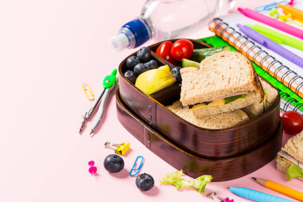 istock School wooden lunch box with sandwiches 971575744