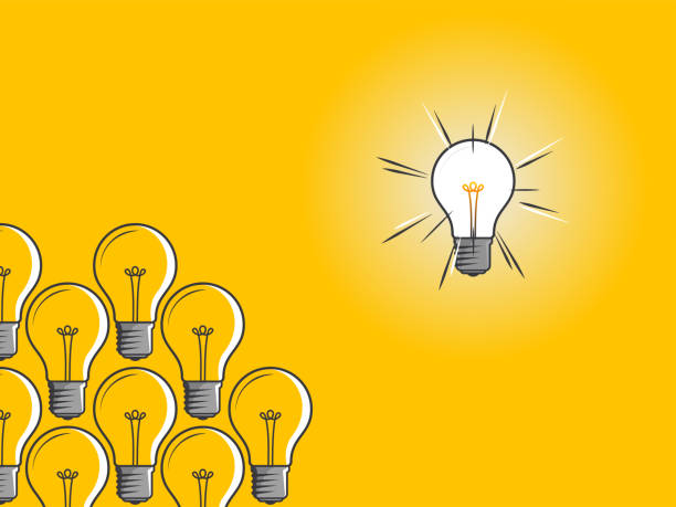 istock Set of light bulbs depicting the Great Idea on yellow background. Innovation symbol. Light bulb sign. Design element for business startup, technology, science. Icon concept of invention, study, imagination and creativity. 971578192