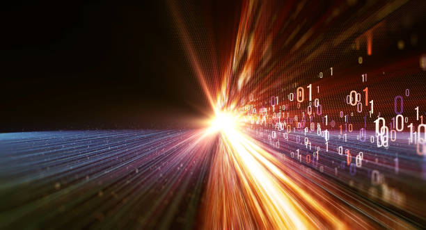 Binary code background 3D illustration. Color bytes of binary code flying through a vortex, background code depth of field and flares. Data transmission channel. Motion of digital data flow. Transferring of big data abstract technology orange stock pictures, royalty-free photos & images