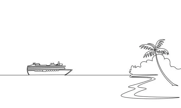Vector illustration of Single continuous one line art ocean travel vacation. Sea voyage holiday tropical island ship liner cruise journey concept design sketch outline drawing vector illustration