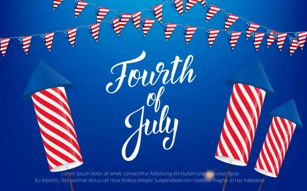Vector illustration of Fourth of July, USA Independence Day celebration. Banner with lettering, buntings and fireworks