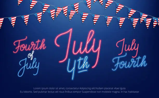 Vector illustration of Fourth of July, USA Independence Day celebration. Banner with set of neon lettering design
