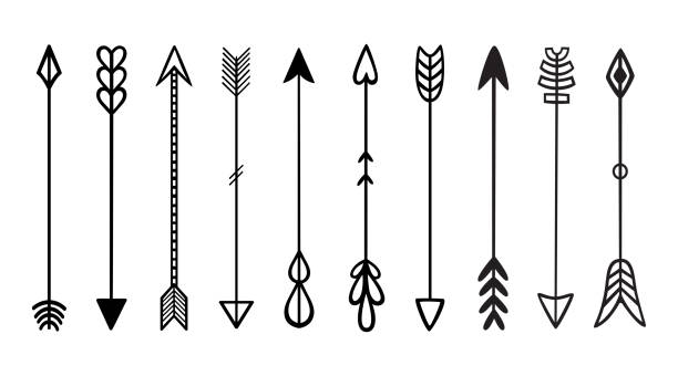 한다면 화살표입니다. 검은 hipster 손으로 ��그린 부족 벡터 요소의 집합입니다. 인쇄, 포스터, 인사장 - north american tribal culture arrow arrowhead bow and arrow stock illustrations