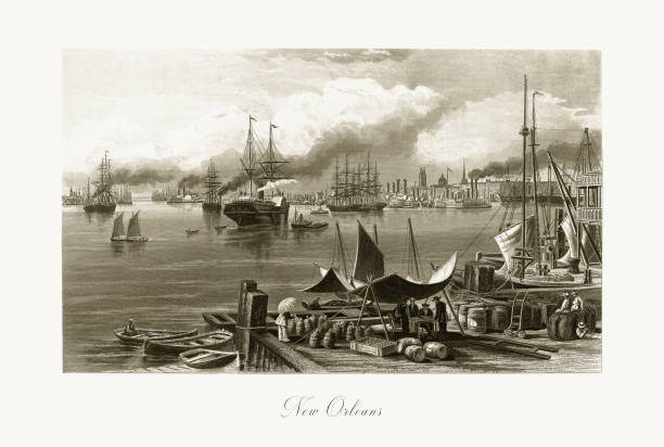 ilustraciones, imágenes clip art, dibujos animados e iconos de stock de nueva orleans en el río de mississippi, louisiana, estados unidos, americano grabado victoriano, 1872 - old fashioned scenics engraving river