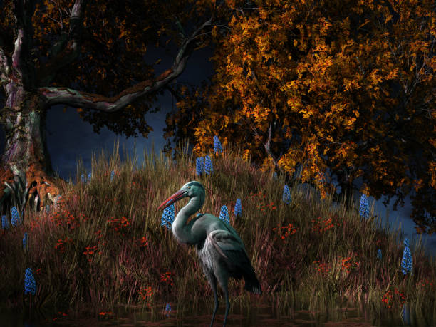 Heron standing in sunny day next to small waterfall stream
