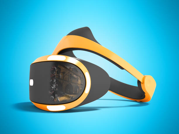 istock Orange virtual reality glasses for games with black inserts on the right 3d render on blue background with shadow 971613834