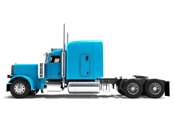 istock Modern truck tractor for cargo transportation three axle without trailer blue side view 3d render on white background with shadow 971613928