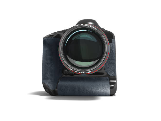 istock Modern professional camera for professional shooting in nature black with blue leather inserts 3D render on white background with shadow 971614240