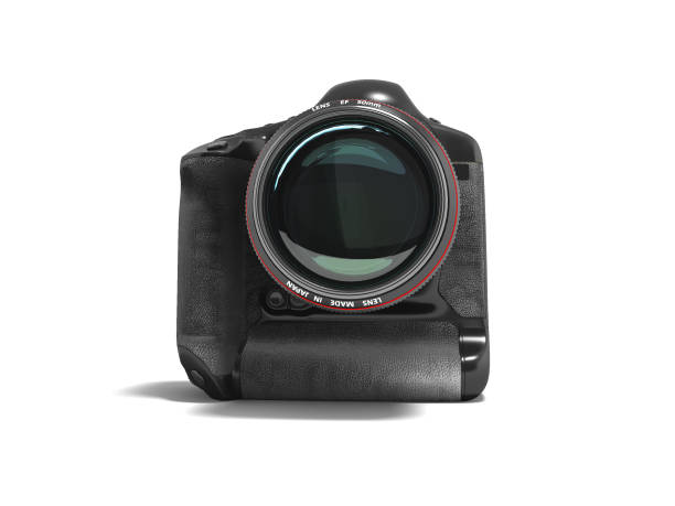 istock Modern professional camera for professional shooting in nature black with red strip 3d render on white background with shadow 971617152