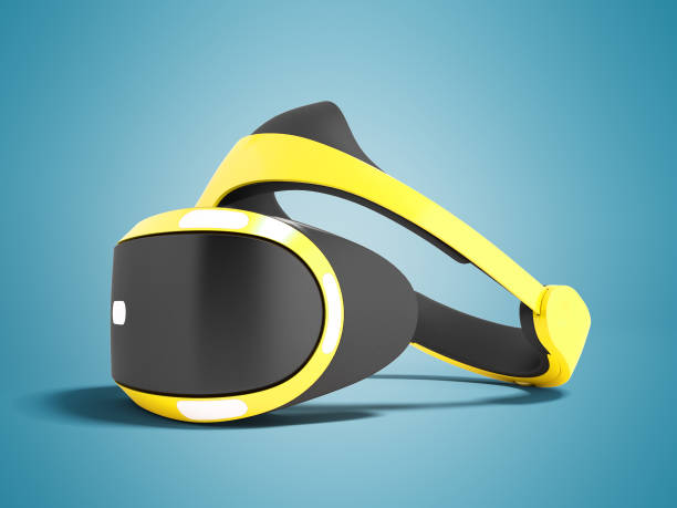 istock Yellow virtual reality glasses for consoles with black inserts on the right 3d render on blue background with shadow 971617276