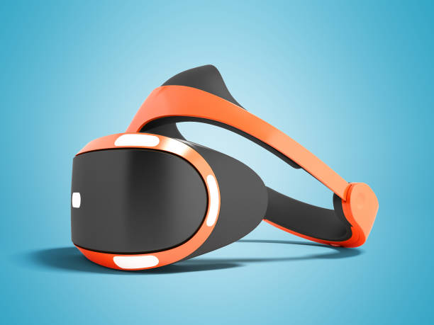 istock Orange virtual reality glasses for consoles with black inserts on the right 3d render on blue background with shadow 971617328