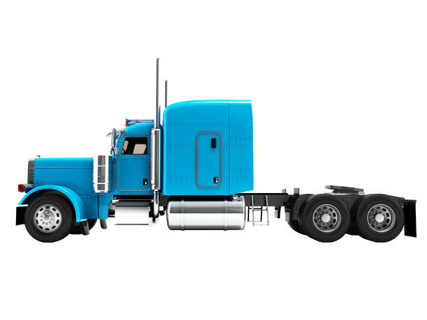 istock Modern truck tractor for cargo transportation three axle without trailer blue side view 3d render on white background no shadow 971620562