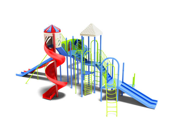 istock Modern for children water attraction four roller coaster on the beach isolated 3d render on white background with shadow 971624436