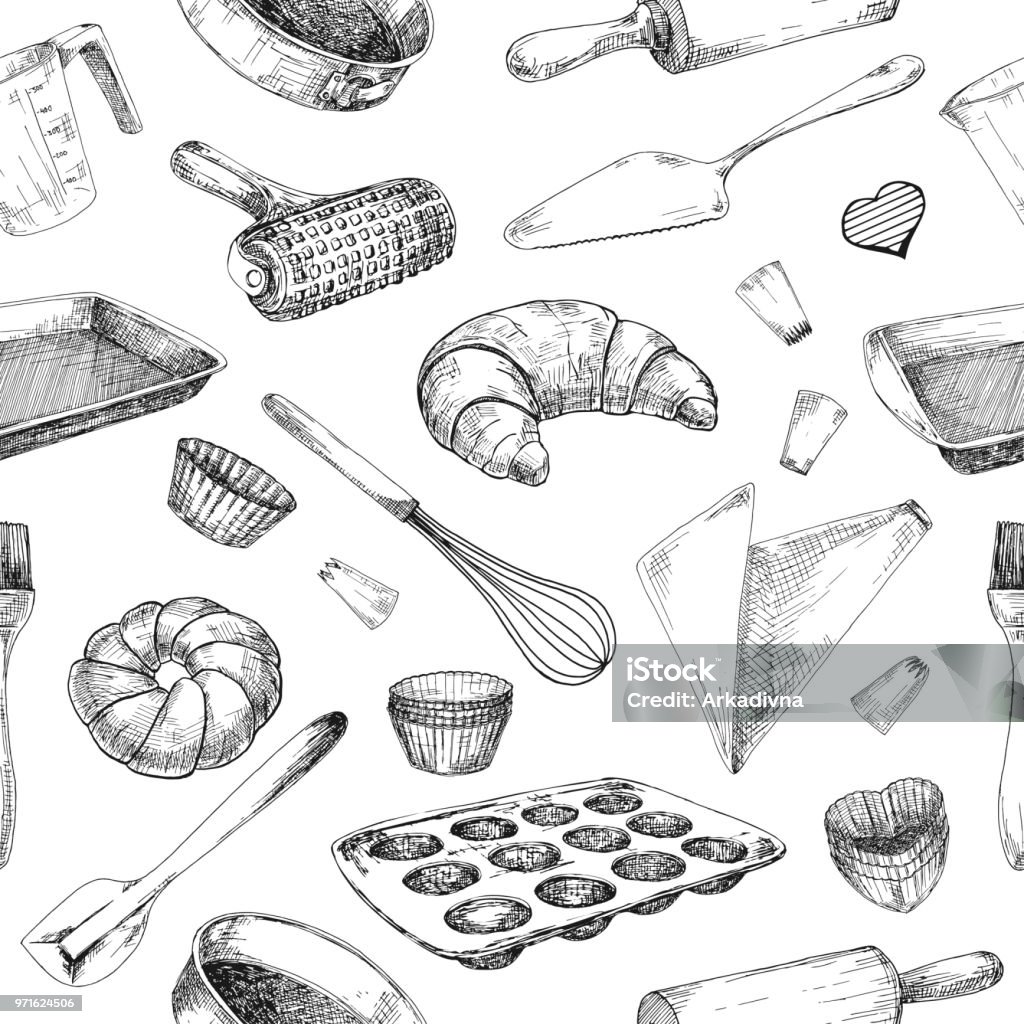 Seamless pattern of dishes for baking. Baking stuff Vector illustration in sketch style. Drawing - Activity stock vector