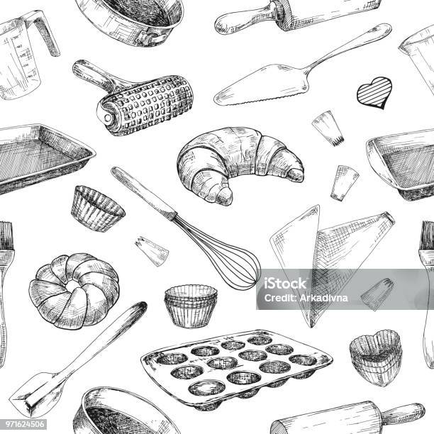 Seamless Pattern Of Dishes For Baking Baking Stuff Vector Illustration In Sketch Style Stock Illustration - Download Image Now