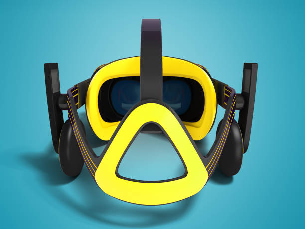istock Modern black virtual reality glasses with yellow insets behind 3d render on blue background with shadow 971624520