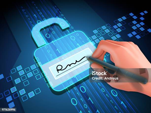 Digital Signature And Lock - Arte vetorial de stock e mais imagens de Assinar - Assinar, Criação Digital, Assinatura