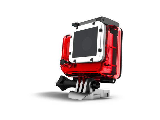 istock Action camera in red housing for helmet mount 3d rendering on white background with shadow 971627058