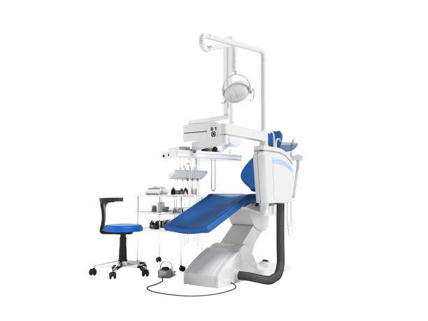 istock Modern dark blue leather chair for dental office with dentistry tool in front 3d render on white background no shadow 971629584